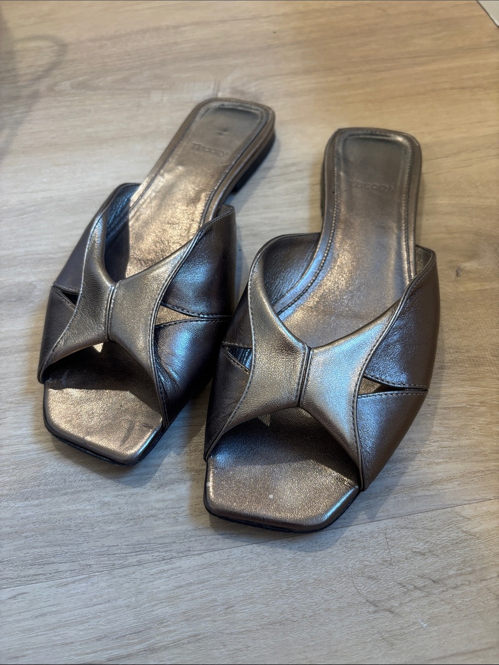 Theory Metallic Brown Leather Slide Sandals